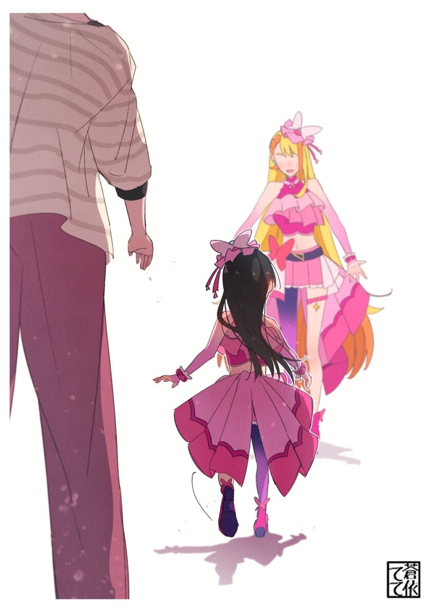 1other 2girls aoi_tete artist_name asymmetrical_bangs belt black_belt black_hair blonde_hair boots bow bow_skirt braid braided_bangs butterfly_hat_ornament commentary cosplay cure_butterfly cure_butterfly_(cosplay) detached_sleeves faceless faceless_female frilled_shirt frills hat hat_ornament highres hirogaru_sky!_precure long_hair looking_at_another magical_girl microskirt midriff motion_lines multiple_girls open_mouth outstretched_arms pantyhose parent_and_child pink_boots pink_headwear pink_shirt pink_skirt pink_sleeves pleated_skirt precure purple_pantyhose running shadow shirt signature single_leg_pantyhose skirt sleeveless sleeveless_shirt smile standing thigh_strap tilted_headwear very_long_hair