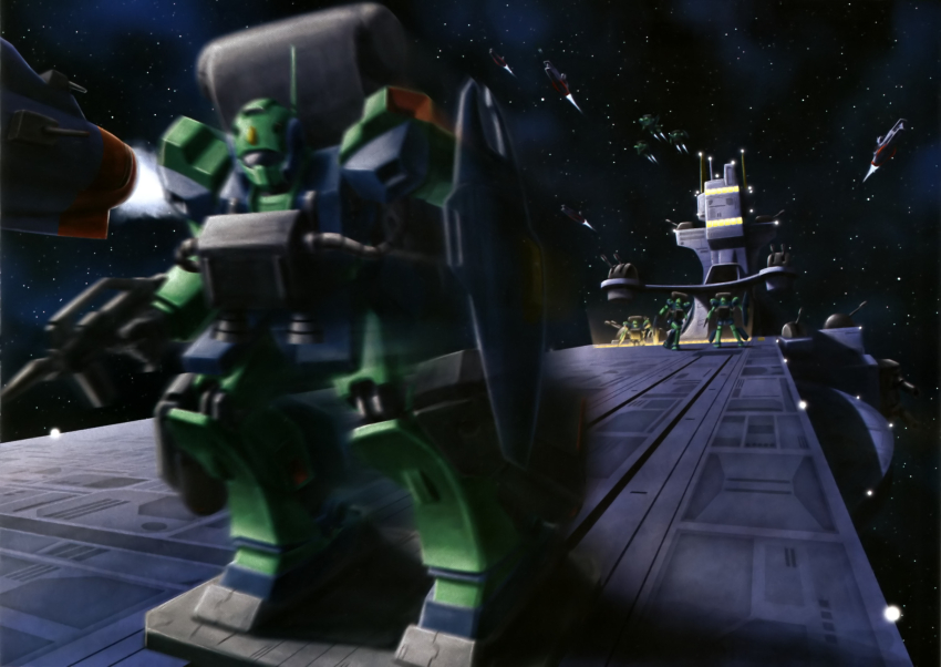 gun gundam highres launching mecha nemo_(mobile_suit) official_art robot salamis_kai science_fiction shield space spacecraft weapon zeta_gundam