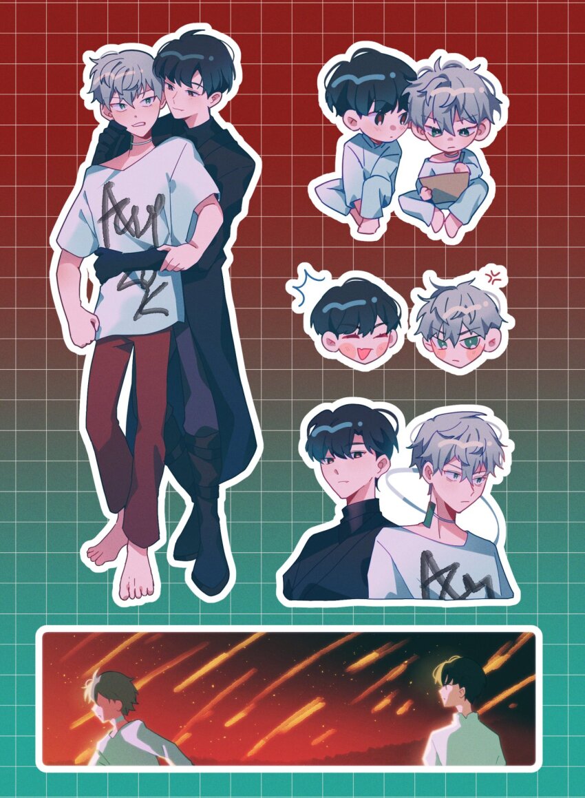 2boys alien_stage anger_vein barefoot black_boots black_coat black_eyes black_gloves black_hair black_pants black_shirt boots choker closed_eyes coat gloves green_eyes grey_hair highres holding holding_pencil ivan_(alien_stage) male_focus meteor_shower multiple_boys orri_(iirokagi) pants pencil print_shirt red_pants red_pupils riichuuba shirt short_hair sitting till_(alien_stage) turtleneck very_short_hair white_choker white_pants white_shirt