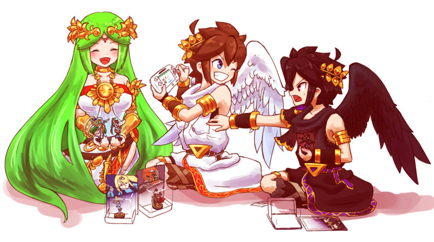 1girl 2boys ahoge amiibo angel angel_wings aonori106 black_hair blue_eyes brown_hair dark_pit ganondorf green_hair kid_icarus kid_icarus_uprising laurel_crown looking_at_another metroid multiple_boys nintendo one_eye_closed palutena pit_(kid_icarus) red_eyes samus_aran simple_background sitting smile super_smash_bros. the_legend_of_zelda the_legend_of_zelda:_twilight_princess third-party_source white_background wii_u_gamepad wings
