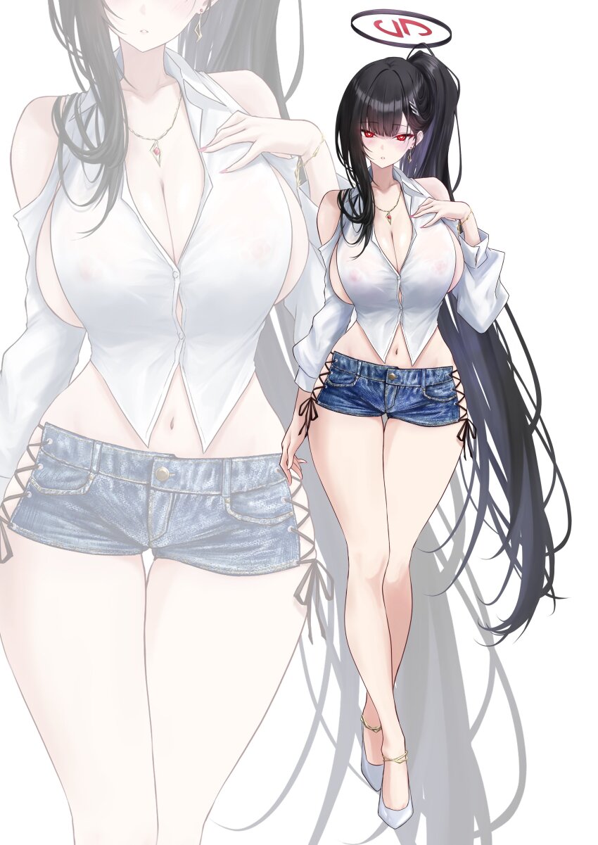 1girl absurdres bare_shoulders black_hair black_halo blue_archive blue_shorts blush breasts cleavage clothing_cutout collared_shirt commentary_request covered_erect_nipples cross-laced_clothes cross-laced_shorts denim denim_shorts full_body halo hand_up highres jewelry large_breasts long_hair long_sleeves looking_at_viewer navel necklace noa_(skae3323) puffy_long_sleeves puffy_sleeves red_eyes rio_(blue_archive) see-through_clothes see-through_shirt shirt shorts shoulder_cutout side_ponytail sideless_outfit simple_background standing very_long_hair white_background white_shirt zoom_layer