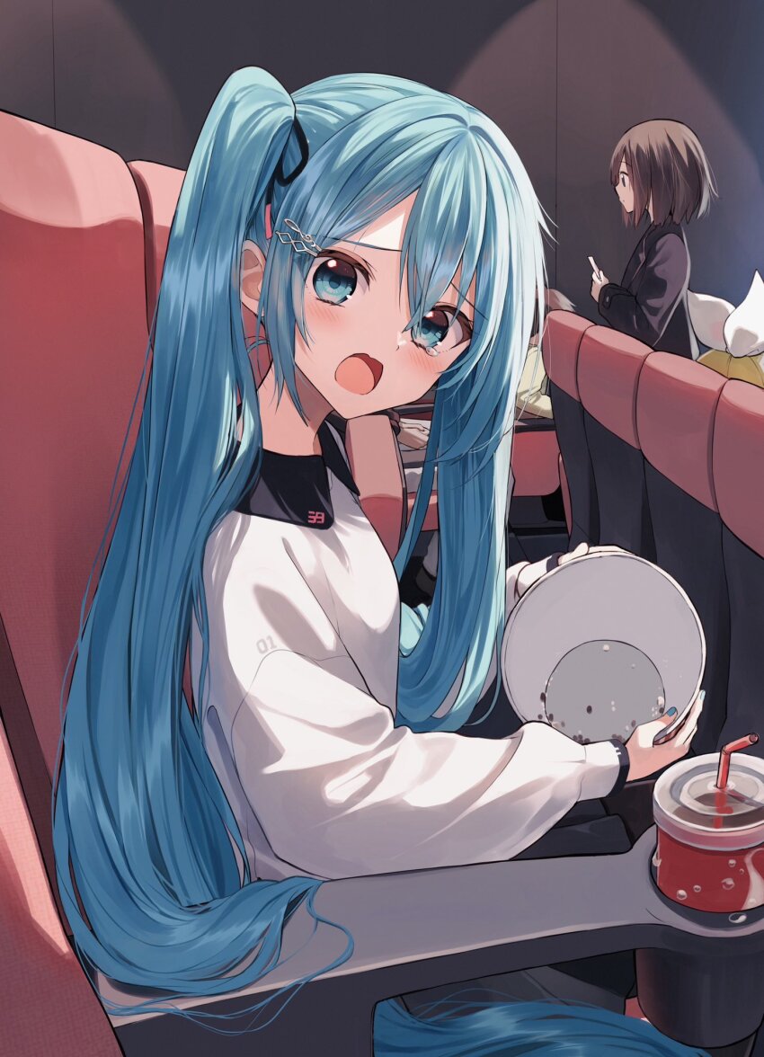 2boys 3girls bendy_straw blonde_hair blue_eyes blue_hair blue_nails blush brown_hair bucket character_request check_character collared_shirt commentary cup disposable_cup drinking_straw from_side hair_between_eyes hair_ornament hair_ribbon hairclip hatsune_miku highres holding holding_bucket indoors kagamine_rin long_hair long_sleeves looking_at_viewer looking_to_the_side meiko_(vocaloid) movie_theater multiple_boys multiple_girls nail_polish open_mouth pentagon_(railgun_ky1206) puffy_long_sleeves puffy_sleeves ribbon shirt sitting tears twintails very_long_hair vocaloid white_ribbon white_shirt