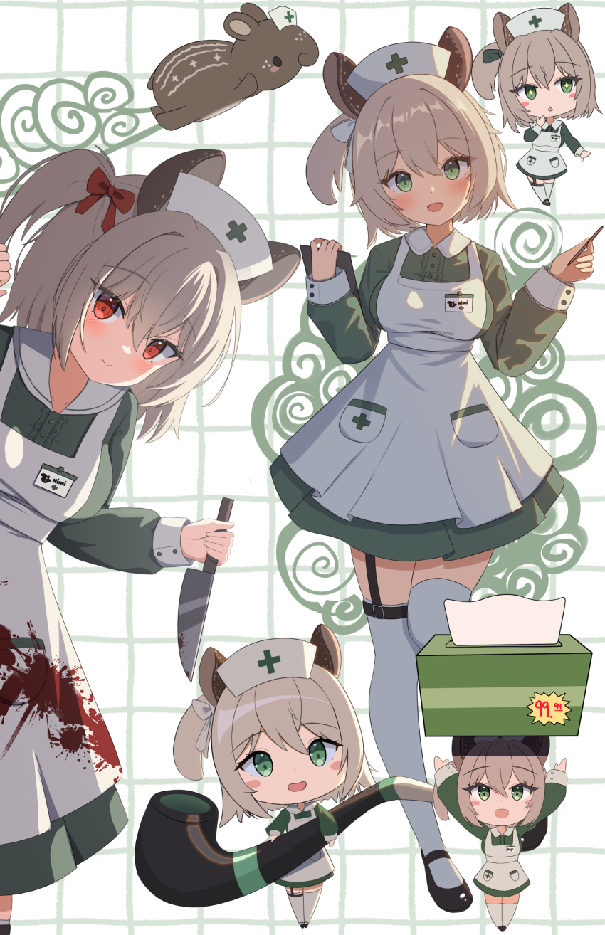 animal_ears apron baku_(creature) blood blood_on_clothes blood_splatter blush breasts brown_hair chibi clipboard contrast_collar dress eyes_visible_through_hair frilled_dress frills green_dress green_eyes hair_between_eyes hair_ribbon hat highres holding holding_knife holding_smoking_pipe indie_virtual_youtuber kawaiipony2 kitchen_knife knife long_sleeves looking_at_viewer medium_breasts medium_hair multiple_persona multiple_views name_tag nimi_nightmare nimi_nightmare_(tapir) nurse nurse_cap official_alternate_eye_color one_side_up open_mouth oversized_object price_tag red_eyes red_ribbon ribbon round_collar rounded_collar smile smoking_pipe tapir tapir_ears tapir_girl tissue_box virtual_youtuber white_apron white_ribbon