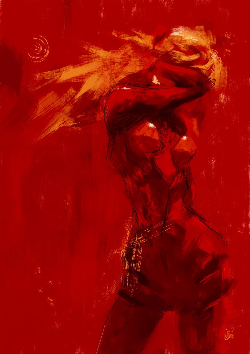 1girl bodysuit breasts cowboy_shot formal_clothes fuyumurasaki highres long_hair mecha_pilot_suit neon_genesis_evangelion orange_hair plugsuit_(evangelion) red_background red_suit red_theme sketch solo souryuu_asuka_langley standing suit