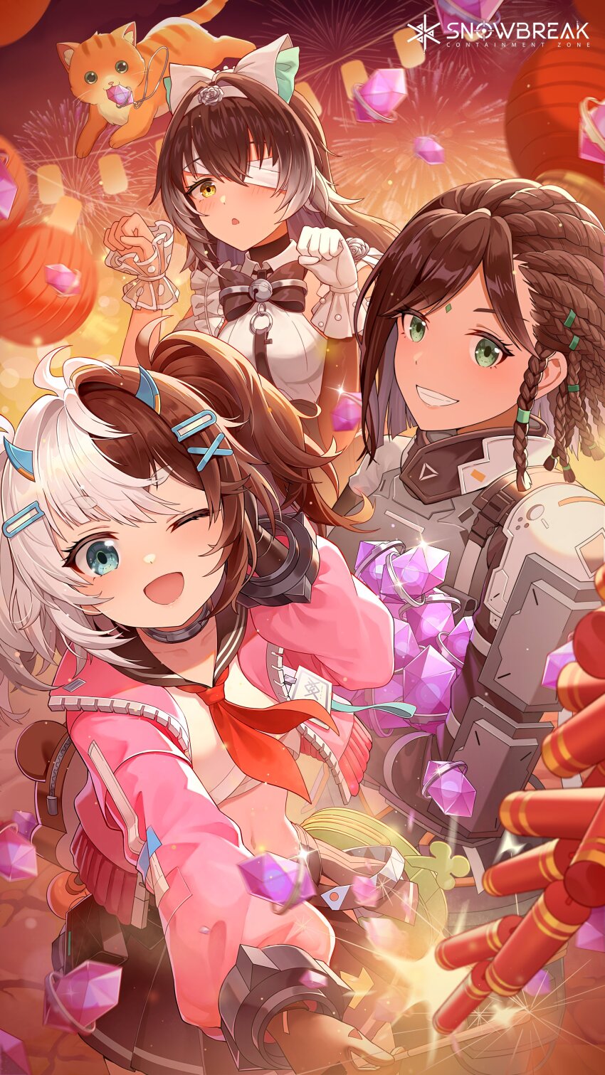 3girls absurdres blue_eyes cat chinese_new_year copyright_logo copyright_name dark-skinned_female dark_skin eatchel_gustav firecrackers gacha_(game_mechanic) green_eyes happy_new_year highres logo mauxir_(snowbreak) multiple_girls new_year nita_(snowbreak) official_art orange_fur snowbreak:_containment_zone tactical_clothes tagme yellow_eyes