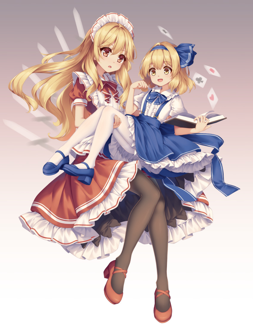 2girls absurdres aged_down alice_margatroid alice_margatroid_(pc-98) black_pantyhose blonde_hair blue_bow blue_bowtie blue_footwear blue_hairband blue_skirt book bow bowtie card carrying child diamond_(shape) dress hairband heart high_heels highres holding holding_book knife long_hair maid maid_headdress mechrailgun medium_hair multiple_girls open_book open_mouth pantyhose princess_carry puffy_short_sleeves puffy_sleeves red_bow red_bowtie red_dress red_footwear short_sleeves skirt smile spade_(shape) suspender_skirt suspenders touhou touhou_(pc-98) white_pantyhose yellow_eyes yumeko_(touhou)