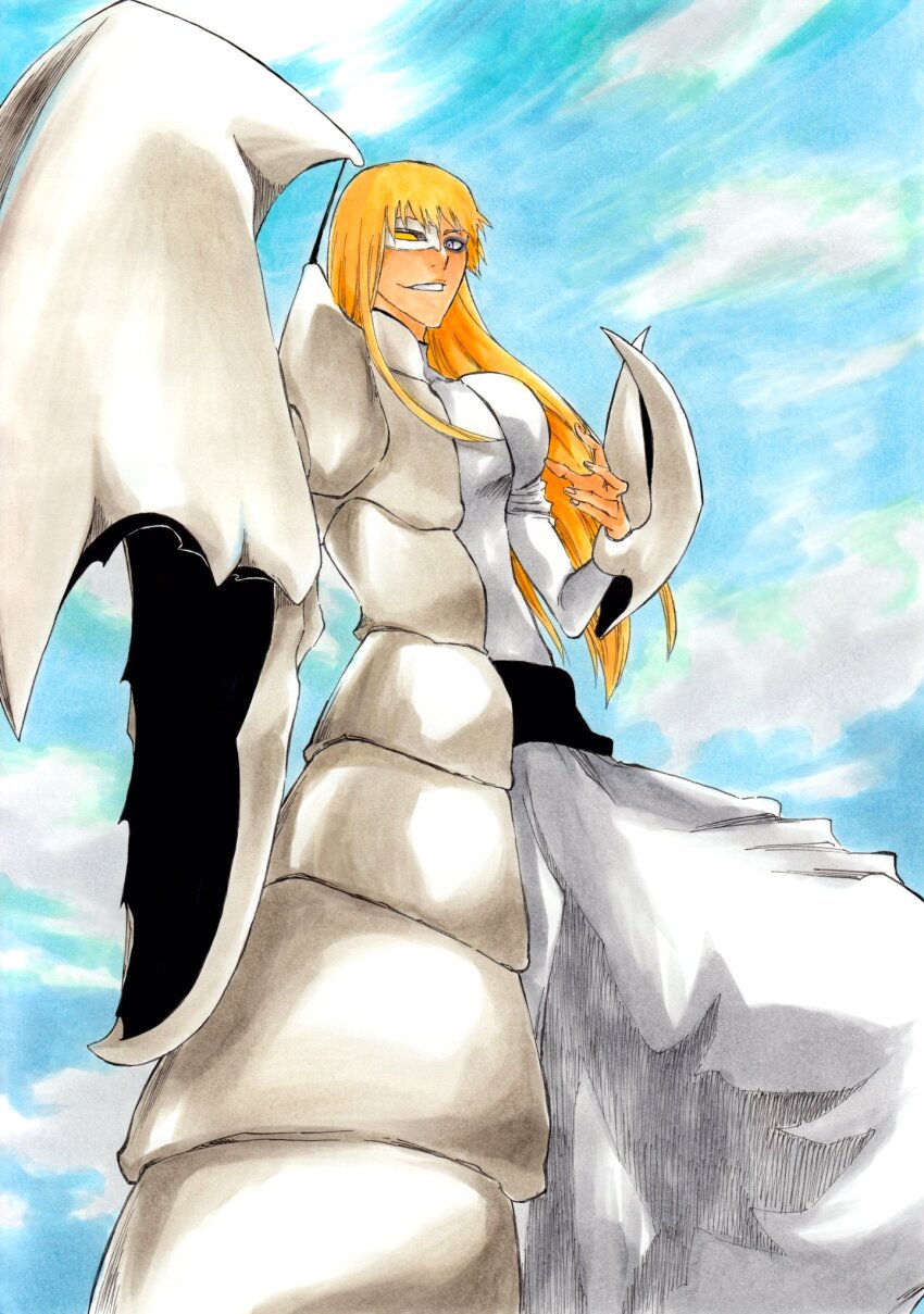 1boy arrancar bleach blonde_hair collared_shirt commentary day facial_mark feet_out_of_frame findorr_calius grey_eyes hair_between_eyes hand_up highres juliet_sleeves ken&#039;ichi_(ken1ro_u) kubo_tite_(style) long_hair long_sleeves looking_at_viewer male_focus official_style one_eye_covered outdoors parted_lips pincers puffy_sleeves resurreccion shirt smile solo standing straight_hair white_shirt