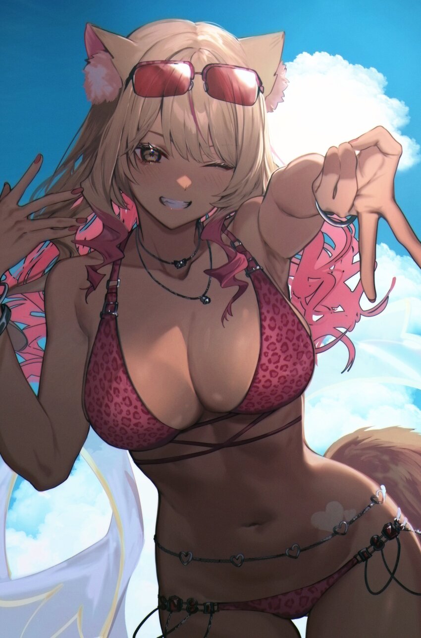 1girl absurdres agejo_gyaru albino_(a1b1n0623) animal_ears animal_print bare_shoulders belly_chain bikini blonde_hair blue_sky bracelet breasts brown_eyes cleavage collarbone dark-skinned_female dark_skin eyewear_on_head fate/grand_order fate_(series) fox_ears fox_girl fox_tail gradient_hair grin gyaru gyaru_v highres jewelry large_breasts leopard_print long_hair looking_at_viewer multicolored_hair navel necklace one_eye_closed pink_bikini pink_hair sidelocks sky smile solo sunglasses suzuka_gozen_(fate) suzuka_gozen_(swimsuit_rider)_(fate) suzuka_gozen_(swimsuit_rider)_(second_ascension)_(fate) swimsuit tail tan v