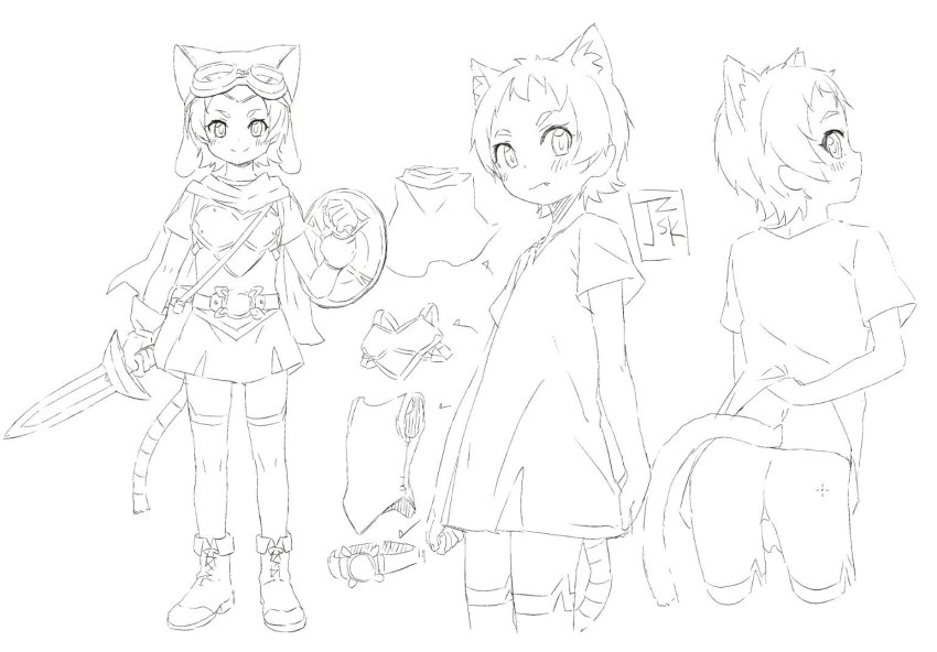 1girl animal_ears armor ass belt bike_shorts boots breastplate cape cat_ears cat_tail fang female_focus from_behind goggles goggles_on_head holding holding_sword holding_weapon matsuri_(princess_connect!) monochrome princess_connect! satsuyo shield short_hair smile solo standing sword tail thighhighs tunic weapon
