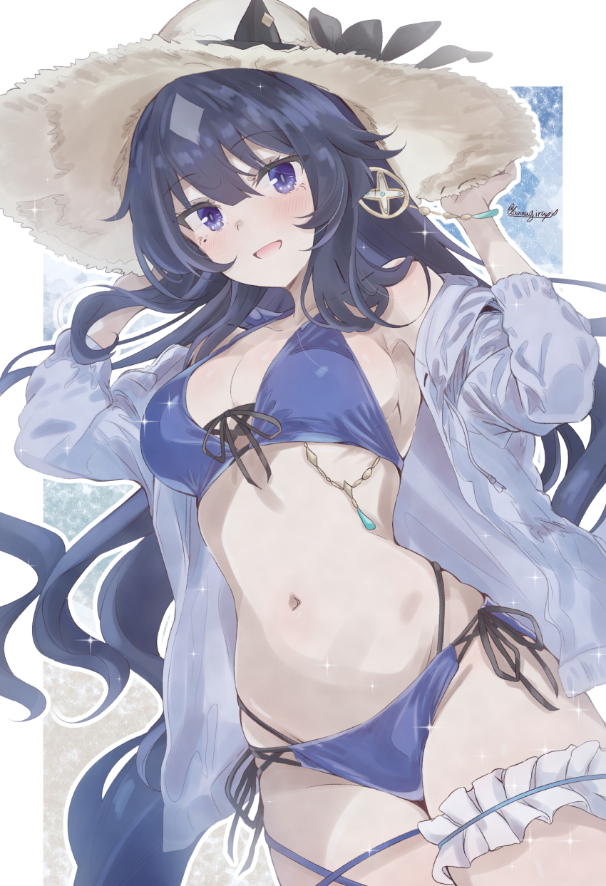 1girl :d alternate_costume animal_ears artist_name bikini black_hair blue_bikini blue_eyes blush breasts commentary_request cowboy_shot frilled_thigh_strap front-tie_bikini_top front-tie_top grey_jacket hair_ornament hat highres horse_ears horse_girl jacket kannagiray long_hair long_sleeves looking_at_viewer medium_breasts navel open_clothes open_jacket open_mouth side-tie_bikini_bottom smile solo straw_hat swimsuit thigh_strap umamusume verxina_(umamusume)