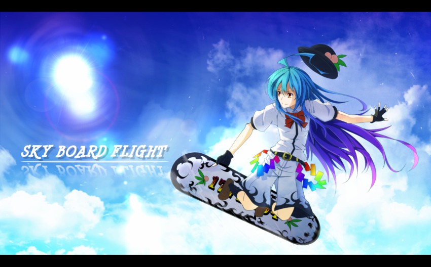 1girl ahoge bad_id bad_pixiv_id blue_hair board cloud female_focus fingerless_gloves food fruit gloves hat unworn_hat unworn_headwear hinanawi_tenshi letterboxed long_hair pandora-ex peach red_eyes sky skyboard smile solo touhou