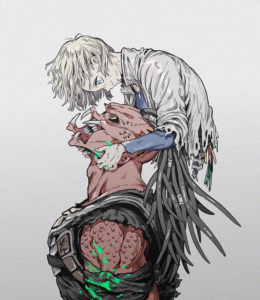 1boy 1girl alien bifurcated_jaw black_sclera blood blue_eyes broken_tooth colored_sclera dek_(predator) dreadlocks eye_contact green_blood head_back highres humanoid_robot jaw looking_at_another mandibles predator:_badlands predator_(series) rayu9595 robot robot_girl severed_torso sharp_teeth short_hair smile teeth thia_(predator) white_hair yellow_eyes