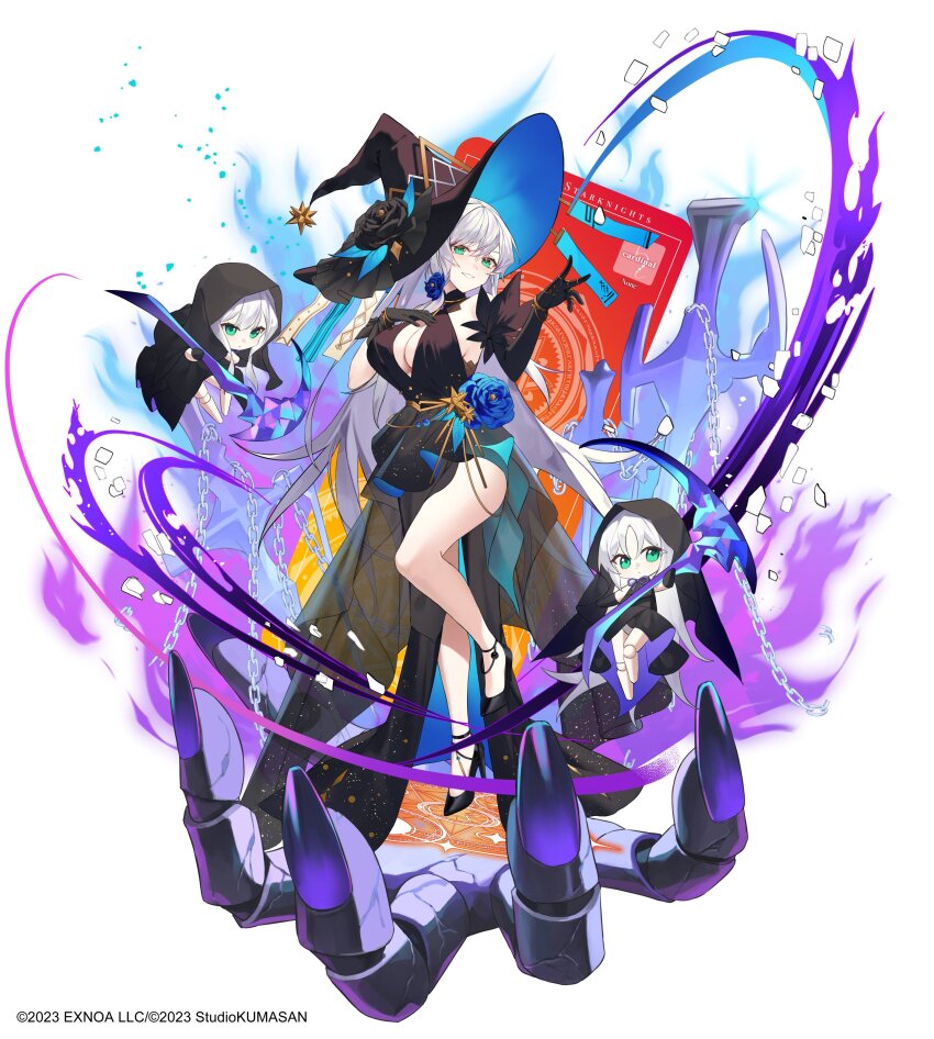absurdres black_dress black_flower black_gloves black_hat black_rose black_shoes blue_fire blue_flower blue_rose breasts broken broken_chain chain commentary copyright_notice doll dress dress_flower elbow_gloves fire flower full_body gloves green_eyes hand_on_own_chest hat hat_flower high_heels highres holding holding_scythe large_breasts leg_up long_hair looking_at_viewer marion_neymar official_art plunging_neckline purple_fire rose scythe see-through_clothes see-through_skirt shoes shotgunman side_slit simple_background single_elbow_glove single_glove skirt standing standing_on_one_leg strappy_heels twinkle_star_knights white_background white_hair witch witch_hat