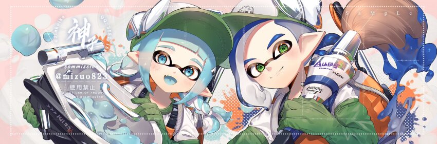 1boy 1girl artist_name asymmetrical_bangs baseball_cap bloblobber_(splatoon) blue_eyes blue_hair blue_tongue blunt_bangs braid closed_mouth colored_tongue commentary commissioner_name elbow_gloves food-themed_hair_ornament gloves green_eyes green_gloves green_hat hair_ornament hat highres holding holding_weapon inkbrush_(splatoon) inkling inkling_boy inkling_girl inkling_player_character jinkoika lifebuoy looking_at_viewer medium_hair nintendo onigiri_hair_ornament open_mouth orange_overalls overalls pointy_ears ponytail rubber_gloves salmon_run_(splatoon) shirt sidelocks smile splatoon_(series) swim_ring symbol-only_commentary tentacle_hair twin_braids upper_body weapon white_shirt
