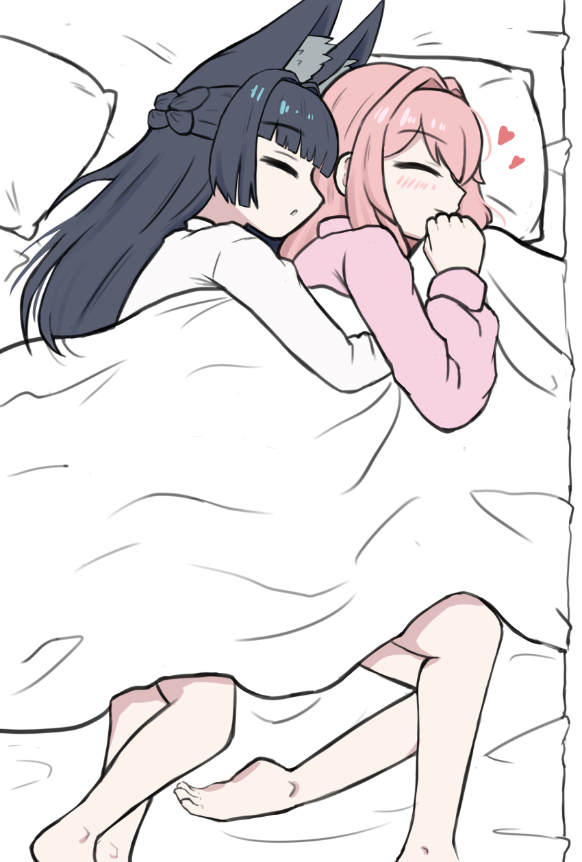 2girls absurdres animal_ears black_hair blanket blunt_bangs closed_mouth fox_ears fox_girl hair_between_eyes heart highres hoshimi_miyabi long_hair lying multiple_girls nykaani on_bed pillow pink_hair sidelocks sleeping smile tsukishiro_yanagi zenless_zone_zero