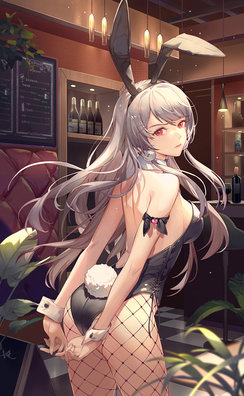 1girl absurdres animal_ears armband arms_behind_back ass backless_leotard bar_(place) bar_stool bare_arms bare_back bare_shoulders black_bow black_leotard bottle bow breasts checkered_floor closed_mouth counter cowboy_shot crazy_ones detached_collar fake_animal_ears fake_tail fishnet_pantyhose fishnets floating_hair from_behind grey_hair highres indoors leaning_forward leotard light_particles long_hair looking_at_viewer medium_breasts menu_board official_art own_hands_together pantyhose plant playboy_bunny rabbit_ears rabbit_tail red_eyes sideboob solo standing stool tail turning_head v-shaped_eyebrows wine_bottle wrist_cuffs xia_bing_(crazy_ones)