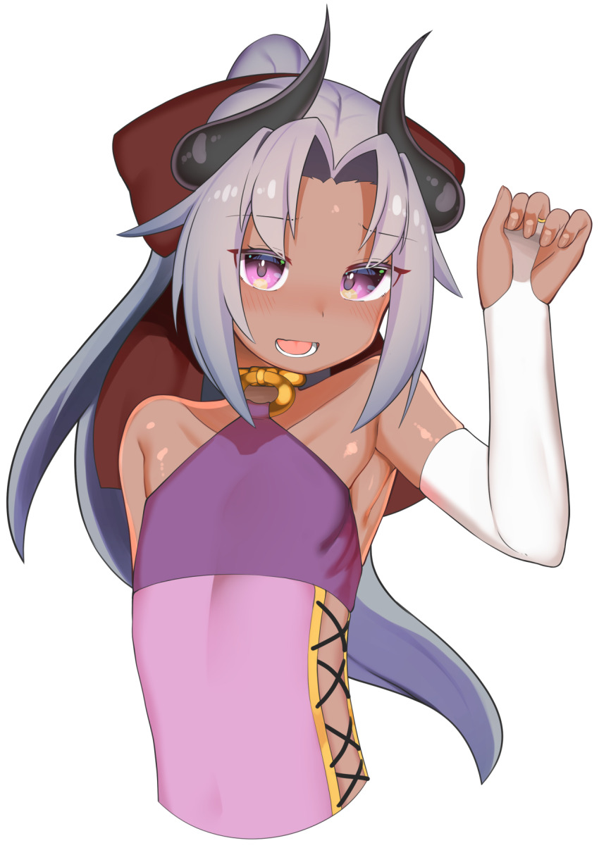1girl black_horns blush bridal_gauntlets choker commentary_request cropped_torso dark_skin flat_chest gloggy grey_hair hair_intakes hand_up highres horns jewelry kikyou_(gloggy) laces long_hair looking_at_viewer open_mouth original purple_eyes ribs ring simple_background solo upper_body white_background white_bridal_gauntlets
