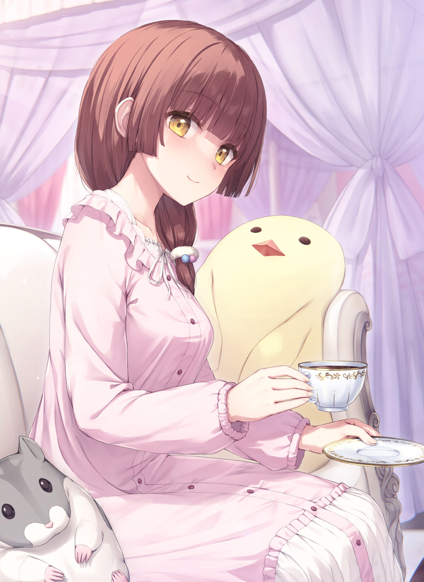1girl bed breasts brown_eyes brown_hair canopy_bed closed_mouth commentary_request couch cup curtains dress frilled_dress frills highres holding holding_cup holding_saucer indoors lingerie long_hair long_sleeves medium_breasts negligee on_couch original pink_dress puffy_long_sleeves puffy_sleeves saucer sitting smile solo stuffed_animal stuffed_bird stuffed_hamster stuffed_toy tsuchikure underwear
