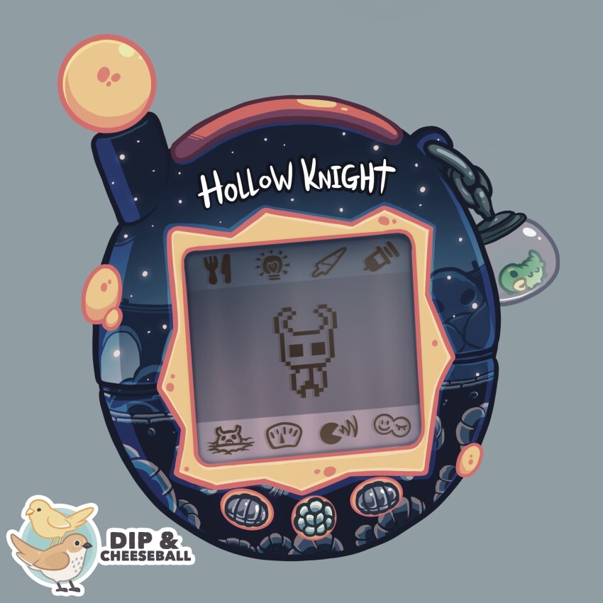 charm_(object) commentary copyright_name crossover english_commentary highres hollow_knight knight_(hollow_knight) merchandise_available muffinpines no_humans object_focus radio_antenna simple_background sticker_(medium) still_life tamagotchi tamagotchi_(virtual_pet) tamagotchi_plus toy virtual_pet_(toy)