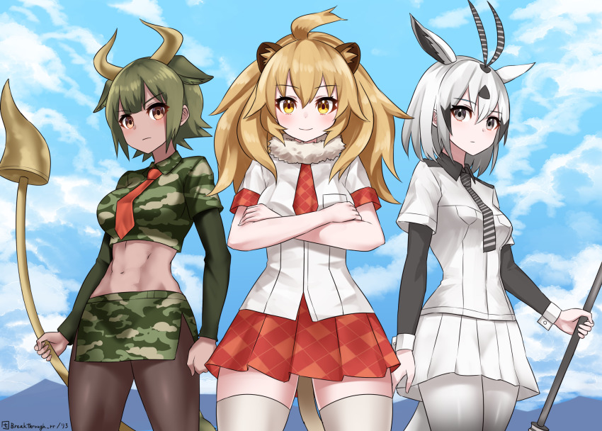3girls abs animal_costume animal_ears antenna_hair arabian_oryx_(kemono_friends) arms_at_sides aurochs_(kemono_friends) bare_arms big_hair black_hair blonde_hair breast_pocket cat_girl closed_mouth collared_shirt commentary_request cow_ears cow_girl cow_horns cow_tail cowboy_shot crop_top cropped_shirt cuffs dark-skinned_female dark_skin day earrings empty_eyes expressionless extra_ears fur_collar gazelle_ears gazelle_tail grey_eyes grey_hair highres holding holding_weapon horns jewelry kemono_friends layered_sleeves lion_(kemono_friends) lion_costume lion_ears lion_tail long_sleeves looking_at_viewer medium_hair midriff miniskirt multiple_girls navel necktie outdoors pantyhose pencil_skirt plaid_clothes plaid_neckwear plaid_skirt plaid_sleeves pleated_skirt pocket polearm red_neckwear riro_(breakthrough_rr) shirt short_over_long_sleeves short_sleeves sidelocks skirt smile standing stomach striped_neckwear tail thighhighs toned toned_female two-tone_background weapon wing_collar yellow_eyes zettai_ryouiki