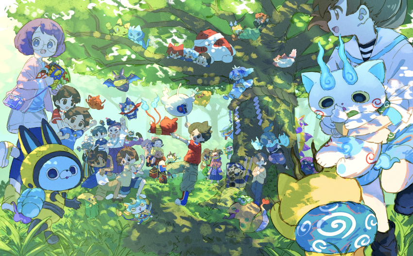 abbreviated_karakusa absurdres amano_keita animal_ears armor belt black_belt blonde_hair blue_cape blue_eyes bow brown_eyes brown_hair cape character_request colored_sclera corn crossed_arms egdk7454 food fubukihime furoshiki furoshiki_around_neck fuyunyan gashapon ghost glasses goggles grass guitar hair_bow hair_over_one_eye highres holding_hands ice_cream instrument japanese_clothes jibanyan jorougumo_(youkai_watch) keizou kimono kodama_fumika komasan kyuubi_(youkai_watch) misora_inaho momo_(youkai_watch) multiple_boys multiple_girls multiple_tails music obi orochi_(youkai_watch) pintocorn playing_instrument red_eyes red_hair sash scar soda tail tree tsuchinoko_(youkai_watch) two_tails usapyon watch whisper_(youkai_watch) yellow_sclera youkai_(youkai_watch) youkai_watch youkai_watch_(object)