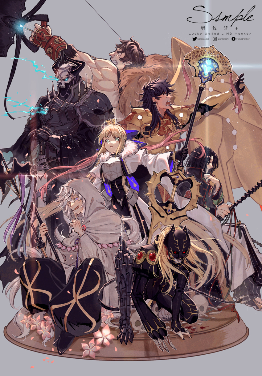 ahoge armor artoria_caster_(fate) artoria_caster_(third_ascension)_(fate) artoria_pendragon_(fate) black_hair blonde_hair blood bloody_weapon bow_(weapon) brown_hair commentary_request crown facial_mark fate/grand_order fate_(series) flower green_eyes group_picture highres holding holding_rod holding_staff king_hassan_(fate) long_hair mask merlin_(fate) muscular muscular_male purple_eyes red_eyes robe rod romulus_quirinus_(fate) squatting staff super_orion_(fate) sword taigong_wang_(fate) tezcatlipoca_(fate) tezcatlipoca_(second_ascension)_(fate) weapon white_hair white_robe worrisorochi