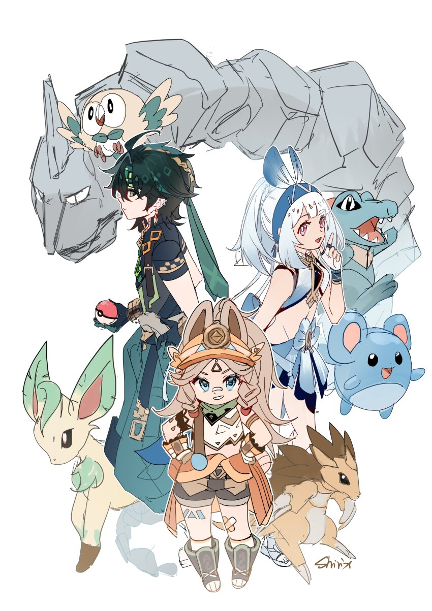 1boy 2girls absurdres animal_ears child crossover gen_1_pokemon gen_2_pokemon gen_4_pokemon gen_7_pokemon genshin_impact hairband highres holding holding_poke_ball kachina_(genshin_impact) kinich_(genshin_impact) leafeon marill mualani_(genshin_impact) multiple_girls nintendo onix open_mouth poke_ball poke_ball_(basic) pokemon pokemon_(creature) rowlet sandslash shirix simple_background sketch smile totodile white_background