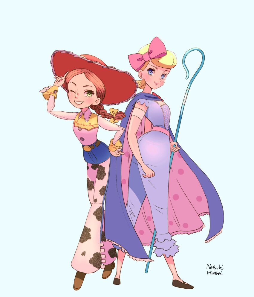2girls blonde_hair blue_eyes bo_peep_(toy_story) boots breasts cape cowboy_boots cowboy_shot full_body hair_bun highres jessie_the_yodeling_cowgirl long_hair long_sleeves multiple_girls natsuki_nori puffy_short_sleeves puffy_sleeves ribbon short_hair short_sleeves simple_background smile standing toy_story toy_story_4