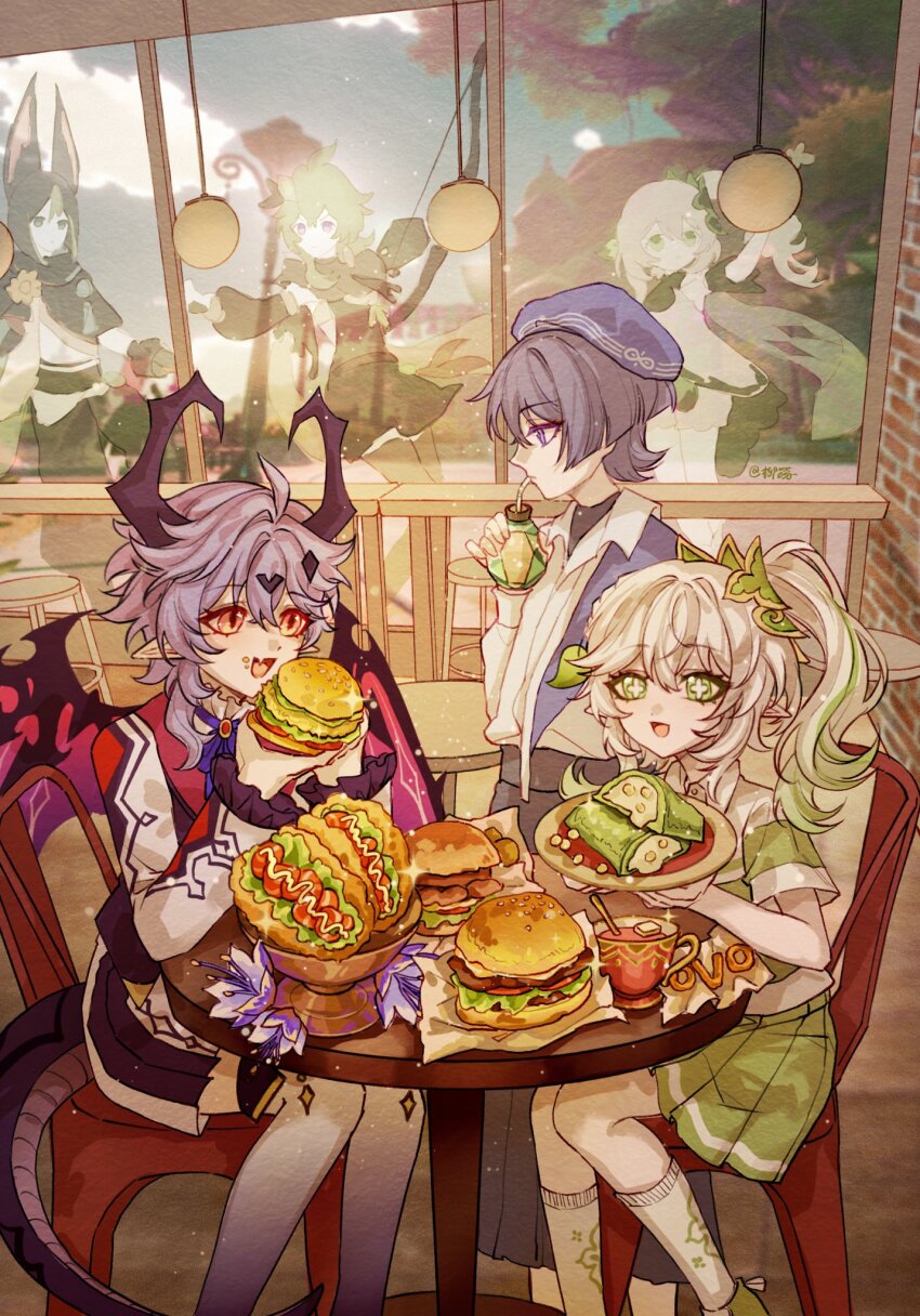 1girl 2boys alternate_costume artist_name bar_stool beret black_horns black_pants black_shorts black_undershirt blunt_ends bow bright_pupils burger casual chair closed_mouth collar collared_shirt collei_(genshin_impact) contemporary cross-shaped_pupils crossed_bangs cup dragon_horns dragon_tail dragon_wings drinking drinking_straw eating eyelashes eyeliner eyeshadow facial_mark flower food food_on_face food_wrapper forehead_mark frilled_collar frilled_sleeves frills genshin_impact green_eyes green_hair green_shoes green_skirt green_trim hair_ornament hakama hakama_pants half_crown_braid hand_up hat highres holding holding_food holding_plate horns humanization ice ice_cube indoors japanese_clothes leaf leaf_hair_ornament long_hair long_sleeves looking_at_another looking_to_the_side makeup mini_durin_(genshin_impact) mini_durin_(human)_(genshin_impact) multicolored_hair multiple_boys nahida_(genshin_impact) official_alternate_costume open_mouth orange_eyes padisarah_flower pants plate pleated_pants pleated_skirt pointy_ears purple_bow purple_eyes purple_flower purple_hair purple_hat purple_shawl purple_sleeves purple_wings railing rainbowsugarflower red_brooch red_eyeliner red_eyeshadow ribbed_socks scaramouche_(genshin_impact) shawl shirt shoes shorts side_ponytail sidelocks sitting skirt socks sparkle stool streaked_hair sumeru_city symbol-shaped_pupils table tail tea thighhighs tighnari_(genshin_impact) wanderer_(genshin_impact) wanderer_(wanderer_impression)_(genshin_impact) white_hair white_pupils white_shirt white_shorts white_sleeves white_socks white_thighhighs white_trim wings wooden_railing wooden_table
