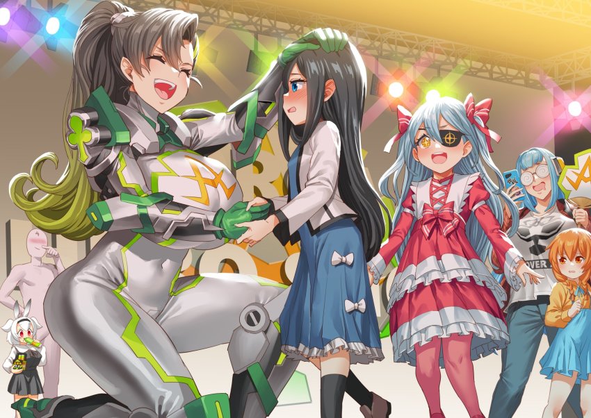 1boy alternate_costume alvis_(last_origin) andvari_(last_origin) aqua_hair blue_eyes blush bodysuit braid breasts brown_hair closed_eyes clover clover_ace commander_(last_origin) dress dutch_girl_(last_origin) eating eyepatch frilled_dress frilled_skirt frills green_hair headpat highres hraesvelgr_(last_origin) large_breasts last_origin lrl_(last_origin) magical_momo multicolored_hair multiple_girls obui official_art orange_eyes orange_hair red_eyes round_eyewear tokusatsu skin_tight skirt stage stage_lights twin_braids two-tone_hair two_side_up white_hair yellow_eyes