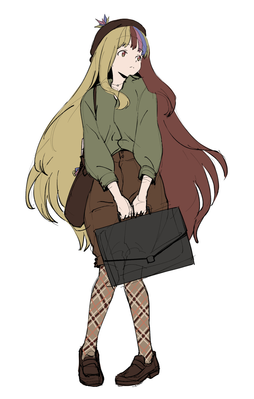 1girl beret blonde_hair blue_hair brown_bag brown_eyes brown_footwear brown_hair brown_hat brown_shorts brown_socks closed_mouth earrings from_side full_body galaco galaco_(neo) green_shirt hat heart heart_earrings highres holding holding_suitcase jewelry long_hair looking_to_the_side multicolored_hair necklace pink_hair plaid_clothes plaid_socks shirt shorts simple_background socks solo standing suitcase tarokazu vocaloid white_background