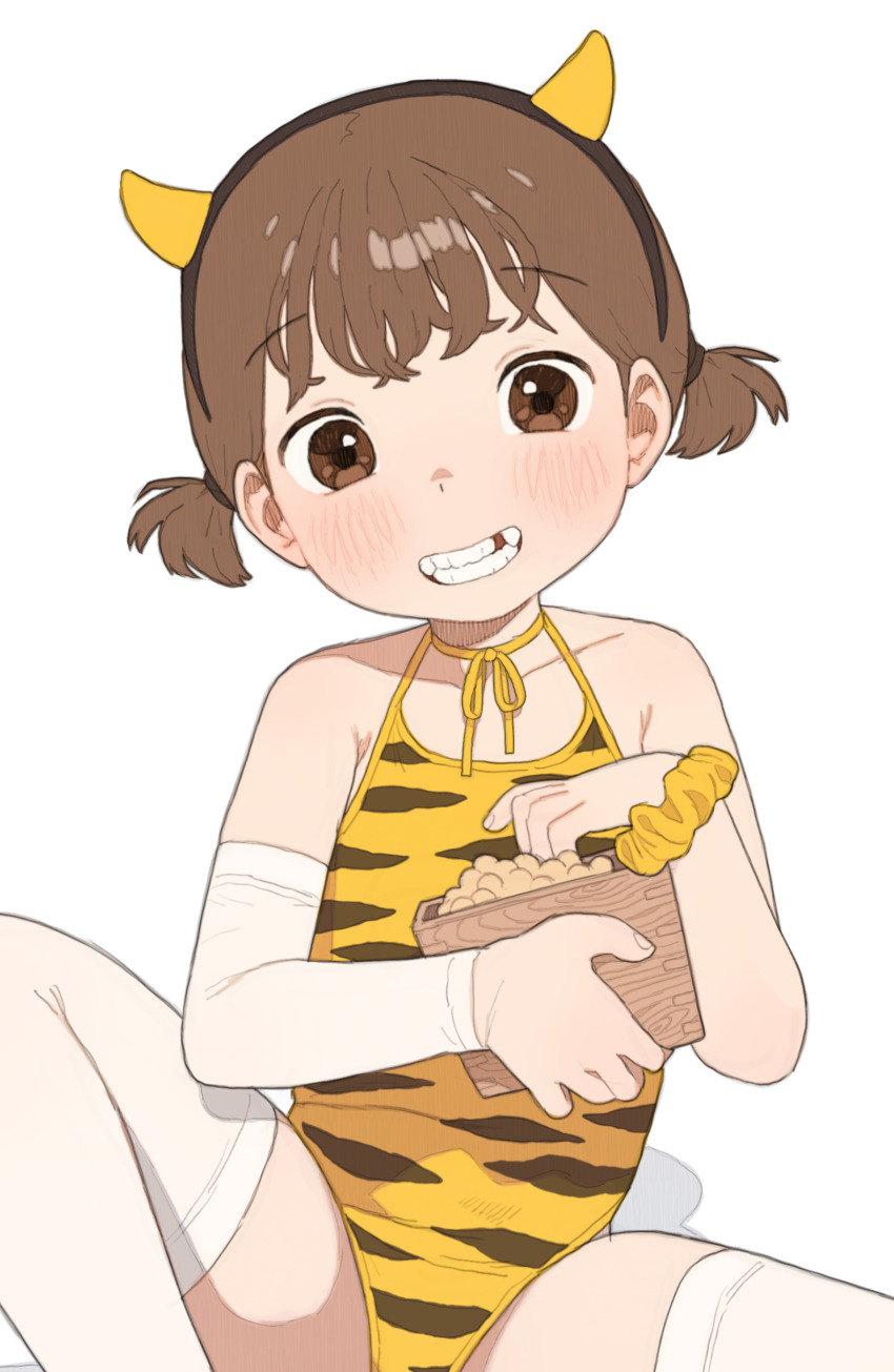 1girl absurdres animal_print blush box brown_eyes brown_hair character_request fake_horns highres holding holding_box horns leopard_print leotard looking_at_viewer mamemaki masu original possummachine print_leotard scrunchie short_hair simple_background sitting solo spread_legs thighhighs tooth_gap twintails white_background white_thighhighs wrist_scrunchie