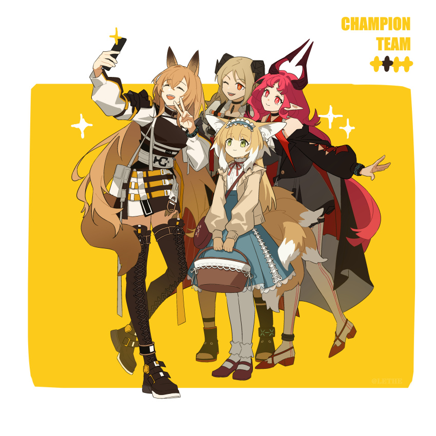 4girls :d absurdres animal_ears ankle_strap anklet arknights arm_cutout basket belt black_choker black_jacket black_socks blonde_hair blue_hairband blue_skirt boots bracelet breasts bright_pupils brown_bag brown_boots brown_dress brown_hair brown_shoes cardigan ceobe_(arknights) chinese_commentary choker closed_eyes colored_tips commentary commentary_request cross-laced_clothes cross-laced_skirt cross-laced_slit demon_horns diamond-shaped_pupils diamond_(shape) dog_ears dog_girl dog_tail dress english_commentary fox_ears fox_girl fox_tail frilled_hairband frills full_body green_eyes hairband highres holding holding_basket horns ifrit_(arknights) infection_monitor_(arknights) jacket jewelry kitsune kneehighs kyuubi lace-up_boots lantern233 long_hair long_sleeves looking_up medium_breasts multicolored_hair multiple_girls multiple_tails nymph_(arknights) off_shoulder one_eye_closed open_cardigan open_clothes open_mouth orange_eyes outstretched_arms pantyhose parted_bangs pink_hair pink_tail pointy_ears red_eyes red_shoes round_bag selfie shirt_tucked_in shoes short_dress skirt slit_pupils smile socks sparkle spread_arms standing strap suzuran_(arknights) suzuran_(spring_praise)_(arknights) symbol-shaped_pupils tail teeth thigh_boots thighhighs turtleneck turtleneck_dress two-tone_background two-tone_hair upper_teeth_only v very_long_hair vial white_background white_bag white_belt white_hair white_pantyhose white_pupils white_skirt yellow_background zettai_ryouiki