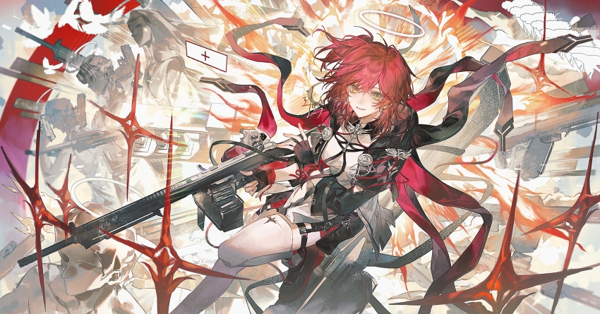 1girl antenna_hair arknights black_gloves black_jacket black_shoes breasts cropped_jacket dress exusiai_(arknights) exusiai_the_new_covenant_(arknights) fingerless_gloves gloves green_eyes gun halo highres holding holding_gun holding_weapon hood hooded_jacket jacket light_machine_gun machine_gun medium_breasts medium_hair one_side_up shoes smile solo sqloveraven star_(symbol) statue thighhighs three-quarter_sleeves weapon white_dress white_thighhighs wide_sleeves wings
