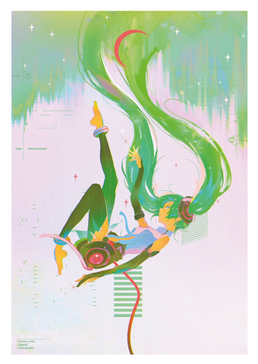 1girl absurdres barefoot dio_knarf falling from_side hatsune_miku hatsune_miku_(append) highres solo thighhighs twintails vocaloid vocaloid_append