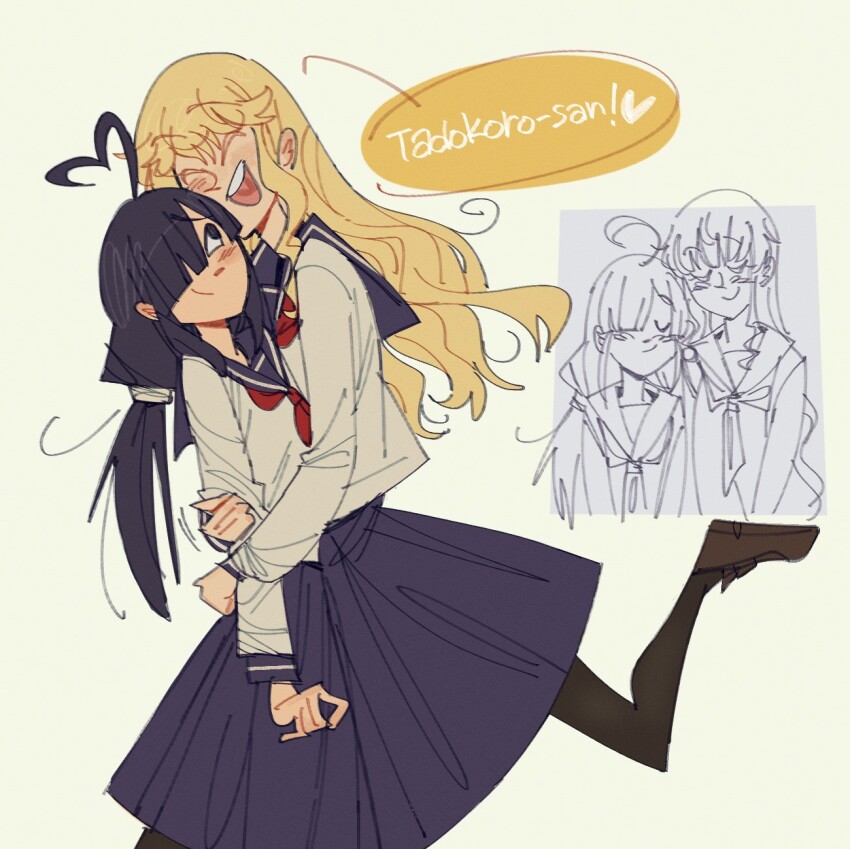 2girls :d ahoge black_eyes black_hair blonde_hair blue_sailor_collar blue_skirt character_name closed_eyes colored_speech_bubble gutalalaman hair_over_one_eye happy heads_together height_difference highres hug loafers long_hair long_sleeves looking_at_another low_twintails multiple_girls multiple_views neckerchief nikaidou_sakurako open_mouth pantyhose red_neckerchief sailor_collar sailor_shirt school_uniform shirt shoes skirt smile speech_bubble tadokoro-san tadokoro_kageko twintails wavy_hair white_shirt yuri