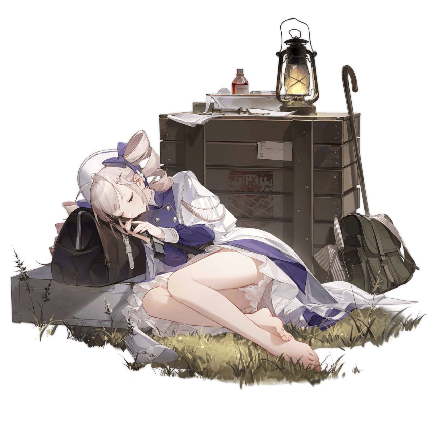 1girl ahoge aiguillette bag bare_legs barefoot basin black_bag bloomers blue_dress blue_ribbon boots bottle box buttons cane closed_mouth coat coat_dress crate doctor double-breasted dress drill_hair duffel_bag feet full_body girls&#039;_frontline grass green_bag griffin_&amp;_kryuger_logo gun gyaku_tsubasa hair_ornament hair_ribbon hairclip hat highres holding holding_gun holding_weapon knee_boots lantern legs long_hair long_sleeves lying medicine no_socks nurse_cap official_alternate_costume official_art on_side overcoat pp-90 pp-90_(girls&#039;_frontline) pp-90_(lullaby_beneath_the_light)_(girls&#039;_frontline) resting ribbon simple_background solo syringe third-party_source toes transparent_background twin_drills underwear weapon white_bloomers white_boots white_coat white_hair white_hat