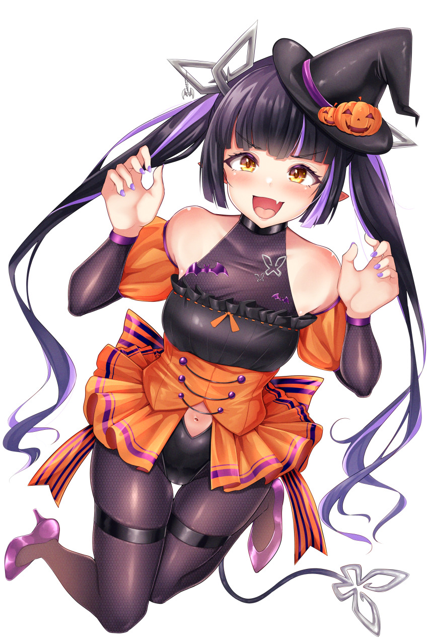 1girl absurdres alternate_costume bat_ornament black_hair black_hat black_leotard black_pantyhose blunt_bangs blush breasts clothing_cutout commentary_request corset demon_girl demon_horns demon_tail detached_sleeves fang fingernails fishnet_pantyhose fishnet_sleeves fishnets full_body halloween halloween_costume hat high_heels highres horn_ornament horns jack-o&#039;-lantern_hat_ornament jumping kojo_anna leotard long_hair looking_at_viewer medium_breasts microskirt multicolored_hair nanashi_inc. navel navel_cutout open_mouth orange_corset orange_skirt orange_sleeves pantyhose pleated_skirt pointy_ears puffy_detached_sleeves puffy_short_sleeves puffy_sleeves purple_footwear purple_hair purple_nails robou_no_stone short_sleeves simple_background skin_fang skirt smile solo tail transparent_background twintails two-tone_hair virtual_youtuber witch_hat yellow_eyes