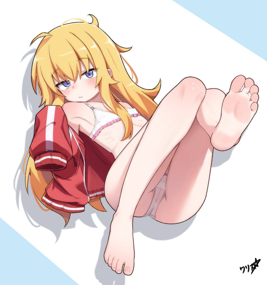 1girl absurdres barefoot blonde_hair blue_eyes boppin commentary commission english_commentary feet gabriel_dropout gabriel_tenma_white highres jacket loli long_hair lying messy_hair on_back panties soles solo toes underwear white_panties