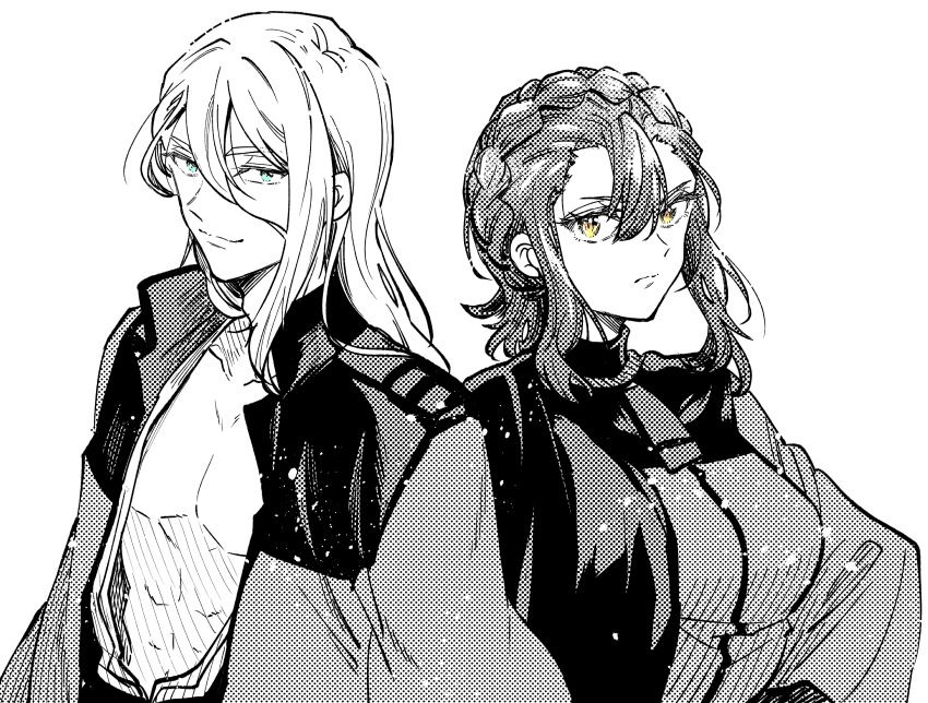 1boy 1girl abs absurdres asticassia_school_uniform bare_pectorals blue_eyes braid breasts capelet crown_braid gundam gundam_suisei_no_majo hair_behind_ear hair_between_eyes highres jacket kudou_makoto long_hair looking_at_viewer medium_breasts pectorals sabina_fardin school_uniform shaddiq_zennelli sidelocks smile spot_color white_background yellow_eyes