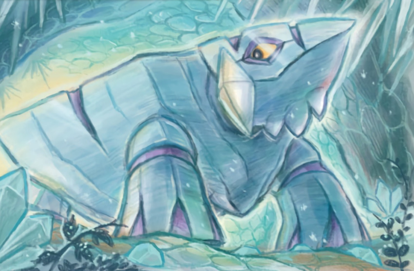 avalugg black_eyes cave colored_sclera creature crystal full_body gen_6_pokemon ice nintendo no_humans official_art plant pokemon pokemon_(creature) pokemon_tcg solo sowsow stalactite standing third-party_source white_theme yellow_sclera
