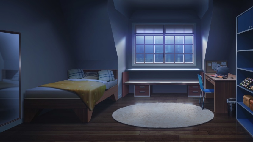 bed blanket blue_theme bulletin_board chair cityscape computer computer_mouse dark desk drawer flat_chest highres indoors laptop mirror night no_humans non-web_source official_art our_life:_beginnings_and_always pillow reflective_surface rug scenery seashell shell trash_can variant_set window_blinds window_light windowsill wooden_floor