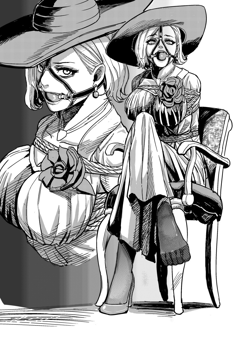 1girl absurdres alcina_dimitrescu ball_gag bdsm bondage bound breasts chair dress gag greyscale highres looking_at_viewer monochrome peril resident_evil resident_evil_village restrained shibari short_hair sitting solo wei_suo_biao_shu
