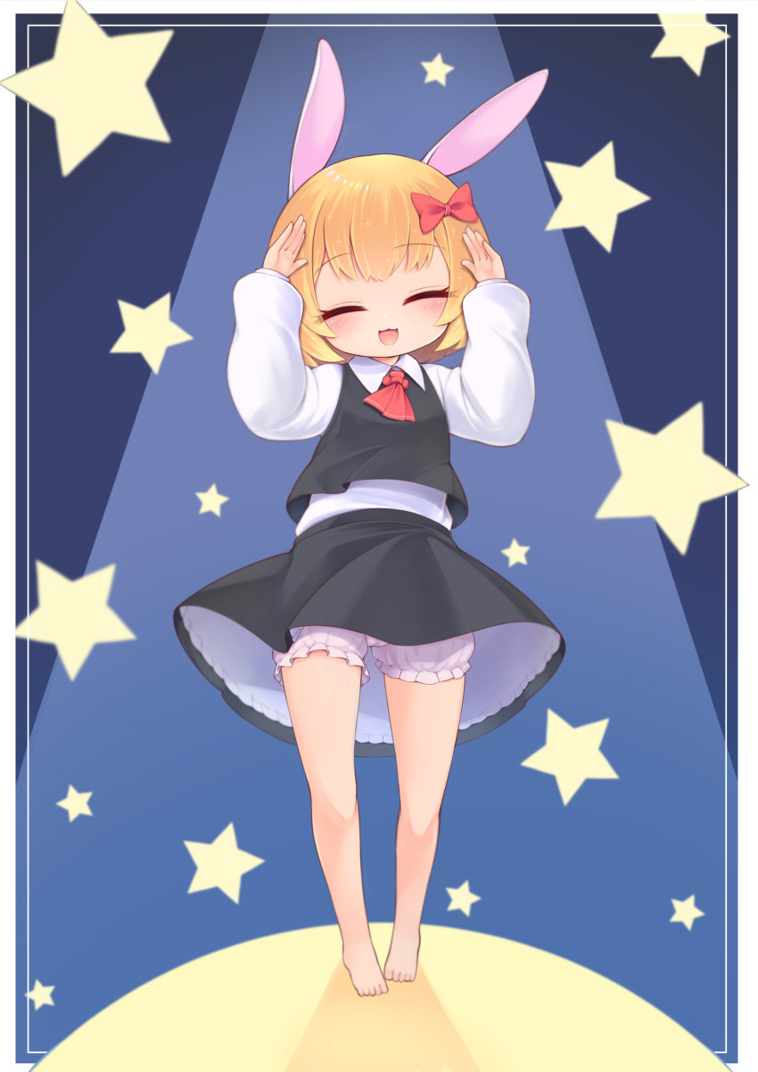 1girl absurdres animal_ears ascot barefoot black_skirt black_vest blonde_hair bloomers blue_background blush border bow breasts closed_eyes collared_shirt commentary_request fake_animal_ears full_body hair_bow harunoha highres long_sleeves open_mouth rabbit_ears rabbit_pose red_ascot red_bow rumia shirt short_hair skirt small_breasts smile solo star_(symbol) touhou underwear vest white_bloomers white_border white_shirt