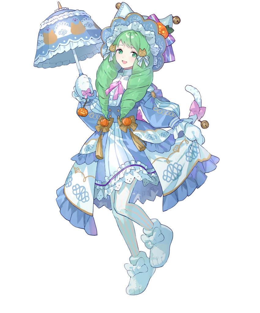 1girl alternate_costume animal_hands bell cat_tail costume detached_sleeves dress drill_hair fake_tail female_focus fire_emblem fire_emblem_heroes flayn_(fire_emblem) flayn_(halloween)_(fire_emblem) frills full_body gloves green_eyes green_hair hair_ornament halloween hat highres holding holding_umbrella jack-o&#039;-lantern jingle_bell long_hair long_sleeves looking_at_viewer matching_hair/eyes nintendo non-web_source official_alternate_costume official_art pantyhose paw_gloves paw_shoes pumpkin ribbon short_dress skirt_hold smile striped tail tobi_(kotetsu) transparent_background umbrella vertical_stripes