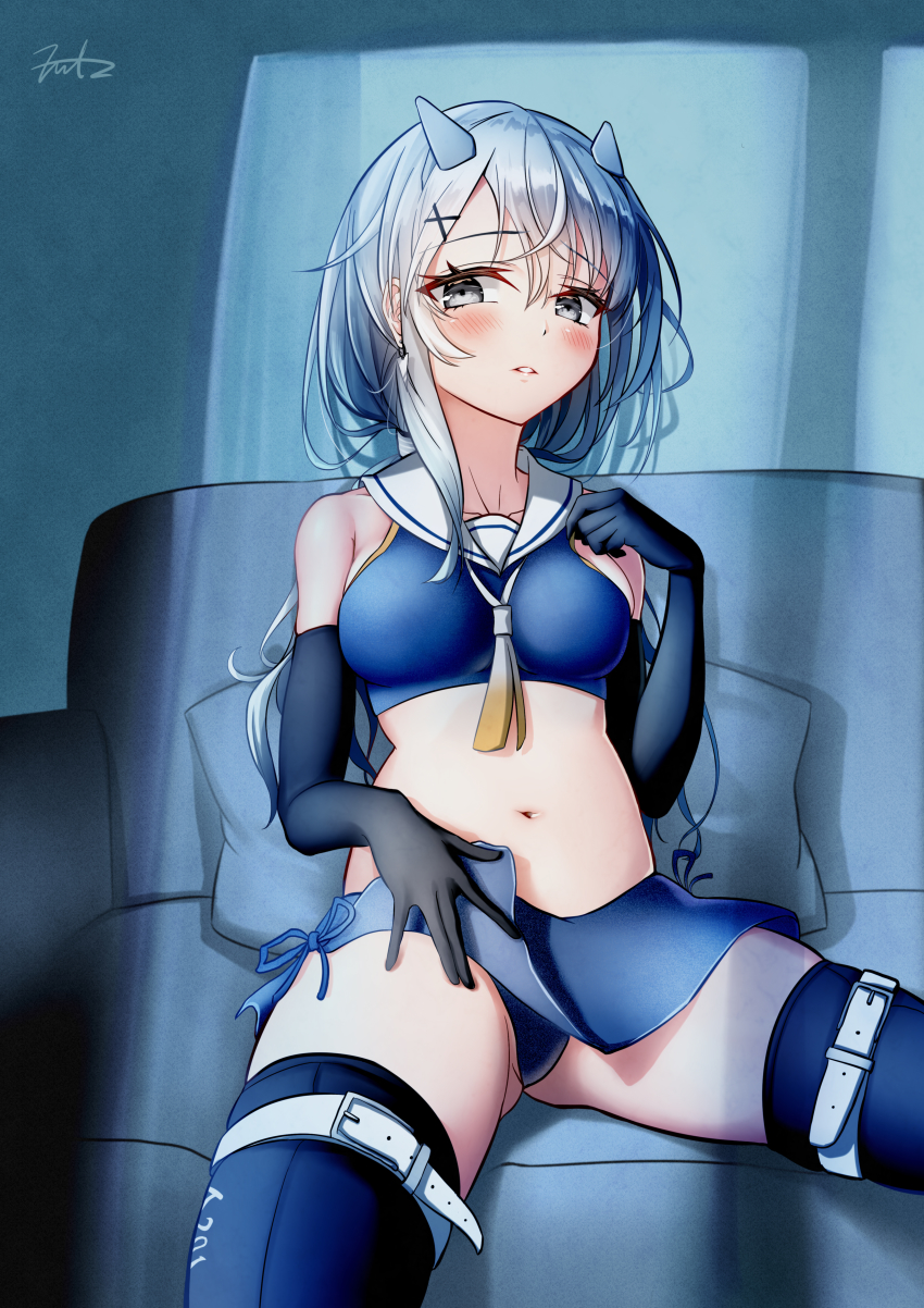1girl absurdres black_thighhighs blue_skirt breasts crop_top elbow_gloves fake_horns fritz614 gloves gradient_neckerchief grey_eyes grey_hair hair_ornament highres horned_headwear horns i-201_(kancolle) kantai_collection long_hair neckerchief nontraditional_school_swimsuit pencil_skirt sailor_collar school_swimsuit sitting skirt small_breasts solo swimsuit thighhighs white_neckerchief white_sailor_collar x_hair_ornament yellow_neckerchief