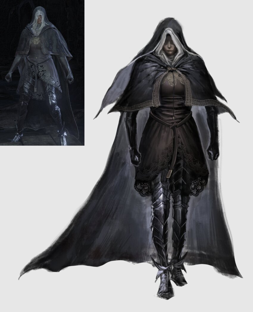 1girl absurdres armor ashen_one_(dark_souls) black_cape black_capelet breasts cape capelet coif commentary dark_souls_(series) dark_souls_iii english_commentary full_body game_screenshot_inset gauntlets greaves hanny_(uirusu_chan) highres large_breasts simple_background solo white_background