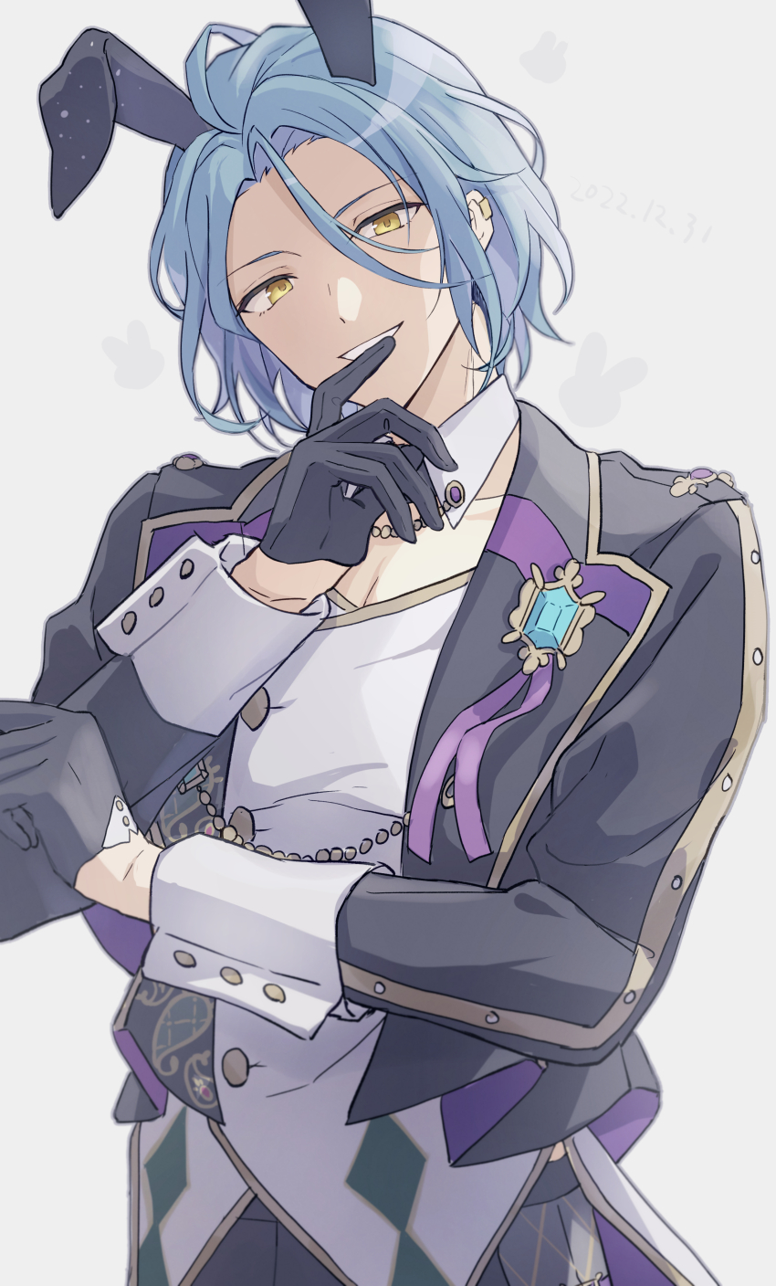 1boy absurdres animal_ears black_gloves black_jacket blue_hair brooch collar detached_collar ensemble_stars! gloves hair_between_eyes highres himeru_(ensemble_stars!) index_finger_raised jacket jewelry looking_at_viewer male_focus official_alternate_costume open_clothes open_jacket rabbit_ears reijiro short_hair simple_background smile solo white_background white_collar yellow_eyes