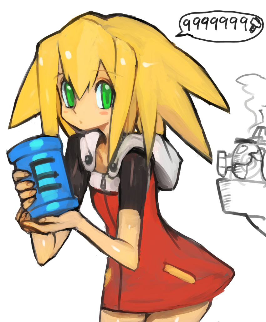 1girl absurdres auto_(mega_man) blonde_hair commentary_request cosplay dakusuta dress female_focus green_eyes highres long_hair looking_at_viewer mega_man_(classic) mega_man_(series) mega_man_11 mega_man_legends_(series) red_dress roll_(mega_man) roll_(mega_man)_(cosplay) roll_caskett_(mega_man) simple_background solo white_background