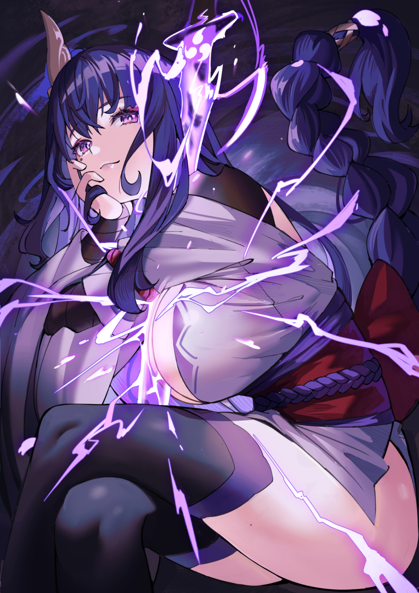 1girl absurdres atelier30 bare_shoulders braid breasts cleavage detached_collar genshin_impact hair_ornament highres human_scabbard japanese_clothes kimono lanzen_wu large_breasts long_hair long_sleeves looking_at_viewer low-braided_long_hair low-tied_long_hair mole mole_under_eye obi off_shoulder purple_eyes purple_hair purple_kimono purple_thighhighs raiden_shogun sash shrug_(clothing) solo thighhighs thighs wide_sleeves